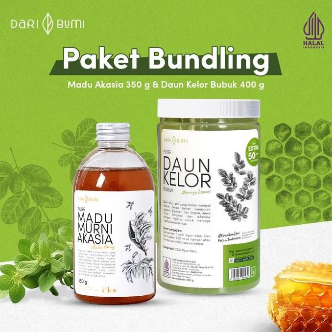 

BARU PAKET BUNDLING DAUN KELOR BUBUK 450 GRAM DAN MADU MURNI AKASIA 350 GRAM DARI BUMI
