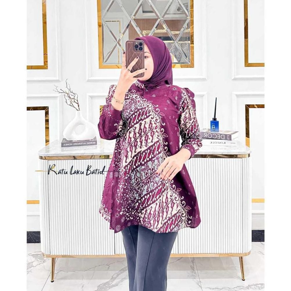 fg-80 Ow42 Atasan batik wanita modern lengan panjang puffy kancing depan busui blouse anjani by ratu