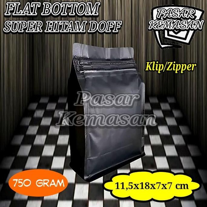 

FLAT BOTTOM SUPER HITAM DOFF 750 GRAM GUSSET KEMASAN KOPI-BUBUK-SNACK