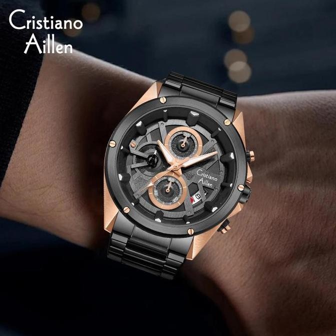 Grosir Cristiano Aillen Jam Tangan Pria Analog 8895 Rantai Stainless Steel Chronograph Kaca Sapphire