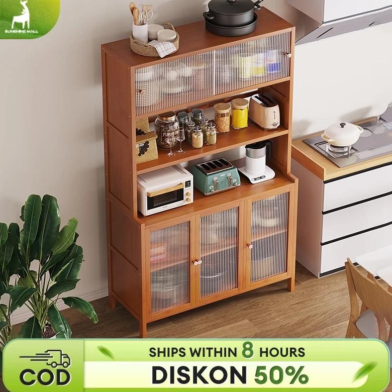 Rak Dapur Lemari Dapur Rak Dapur Kayu Lemari Piring Kabinet Rak Oven Microwave Serbaguna Minimalis