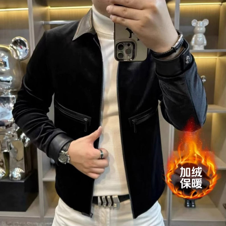 Jaket Pria Beludru Ritsleting Patchwork Kerah Turun