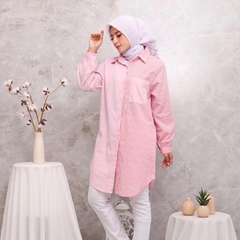 Premium Tunik Kombinasi Kotak Mix Polos Abg Fashion Muslim Diskon
