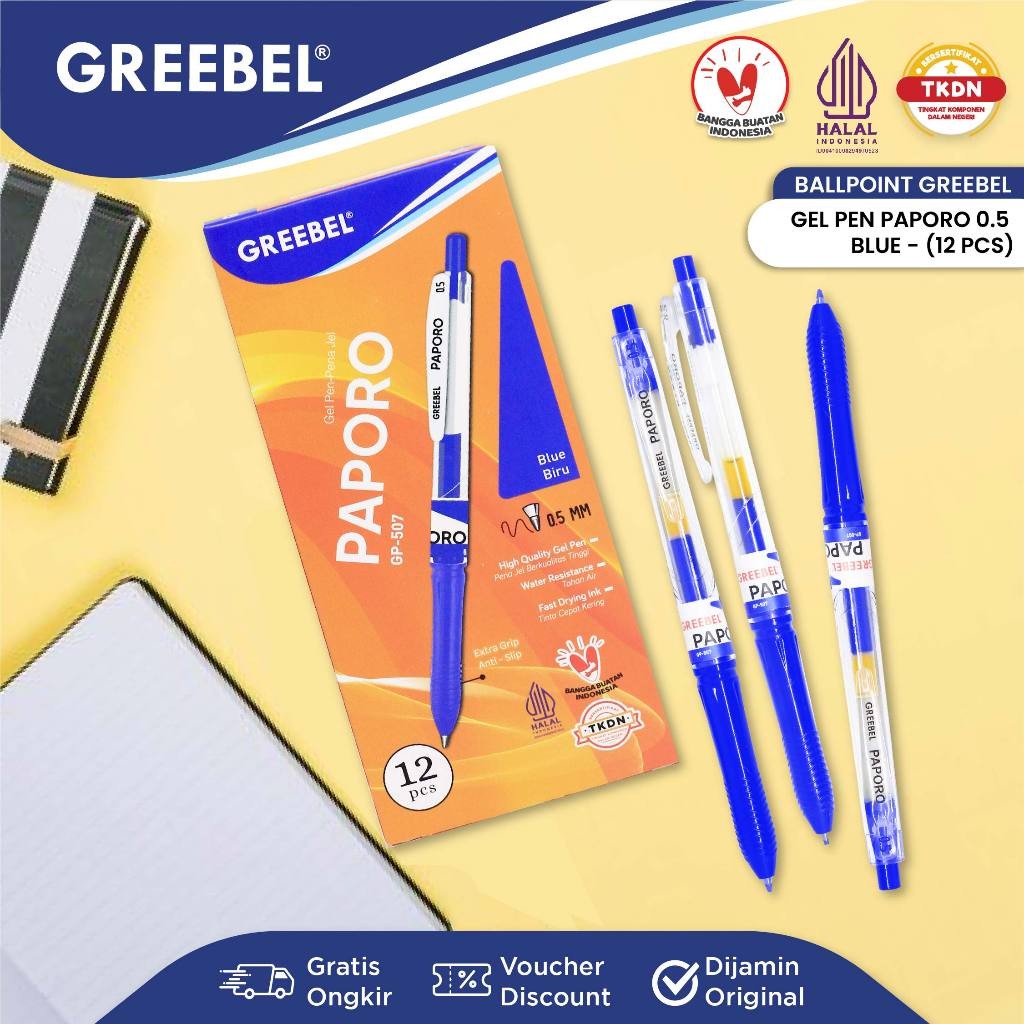 

GREEBEL PULPEN GEL / Gel Pen Paporo GP- 507 0.5 Biru (12PCS/SET) / Ballpen Gel Ballpoint Bolpen Bolpoin Pena Gel
