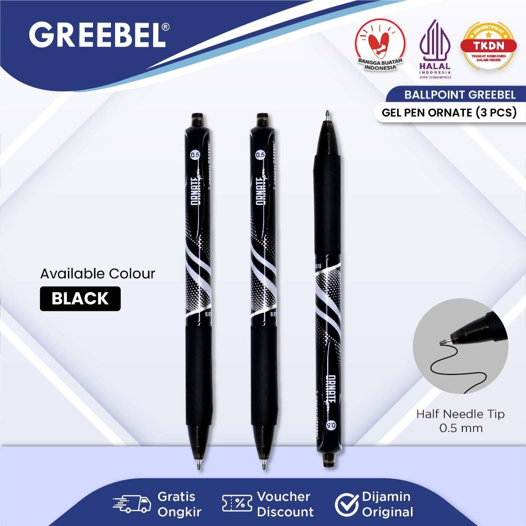 

GREEBEL PULPEN GEL / Gel Pen GP- 505 Ornate 0.5 Hitam (3PCS/SET) / Ballpen Gel Ballpoint Bolpen Bolpoin Pena Gel