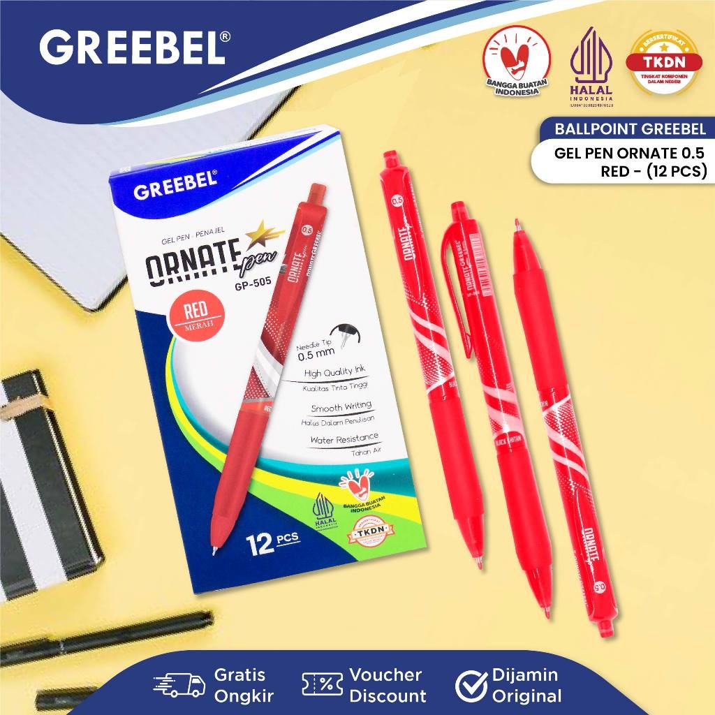 

GREEBEL PULPEN GEL / GEL PEN GP- 505 ORNATE 0.5 MERAH (12PCS/SET) / BALLPEN GEL BALLPOINT BOLPEN