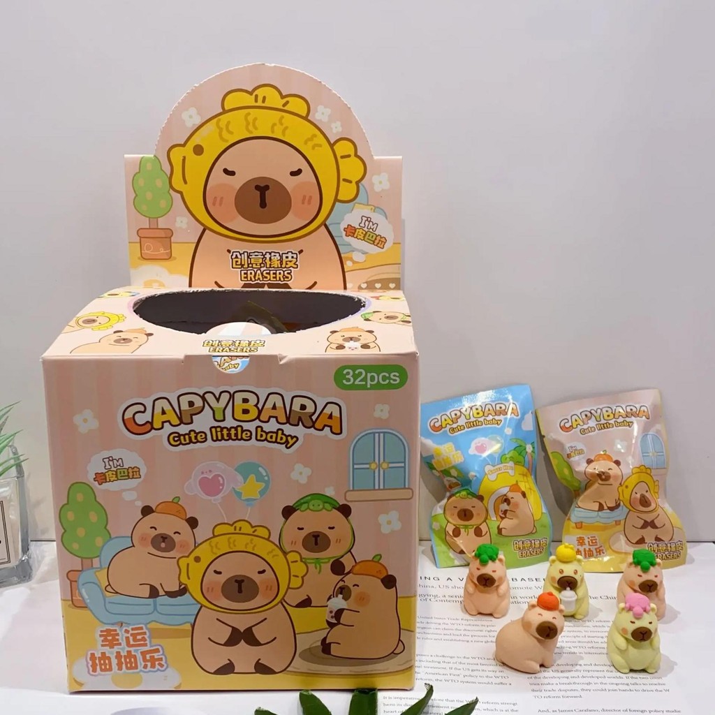 

New 32Pcs/Box Capibala Loopyed Blind Box Cute Doll Eraser Action Pencil Doll Student Go To School Supplies Stationery Kids Gifts