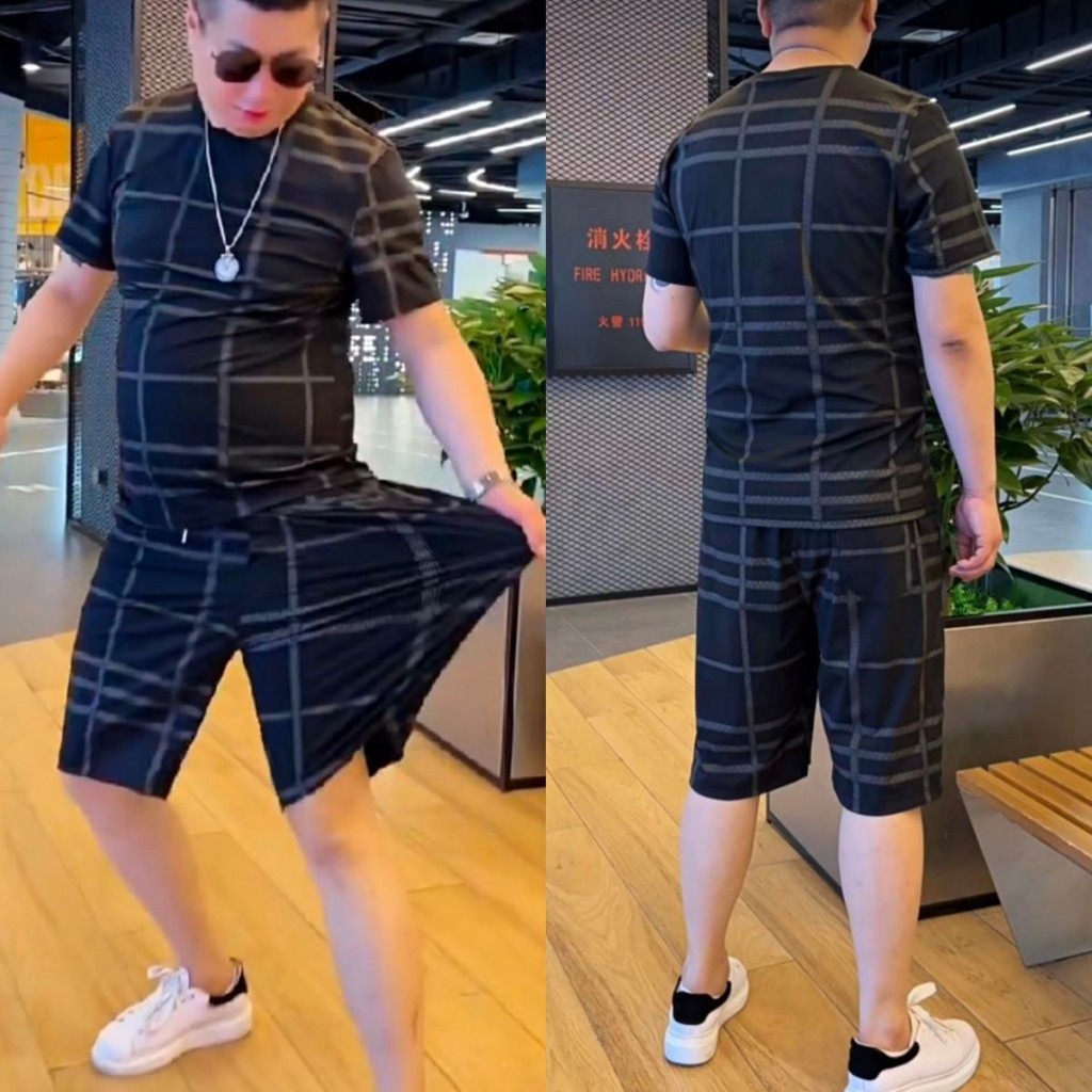 Set Dua Potong Pria Ukuran Besar, Sutra Es, Slimming, Elastis Tinggi, Kotak-kotak, Lengan Pendek dan