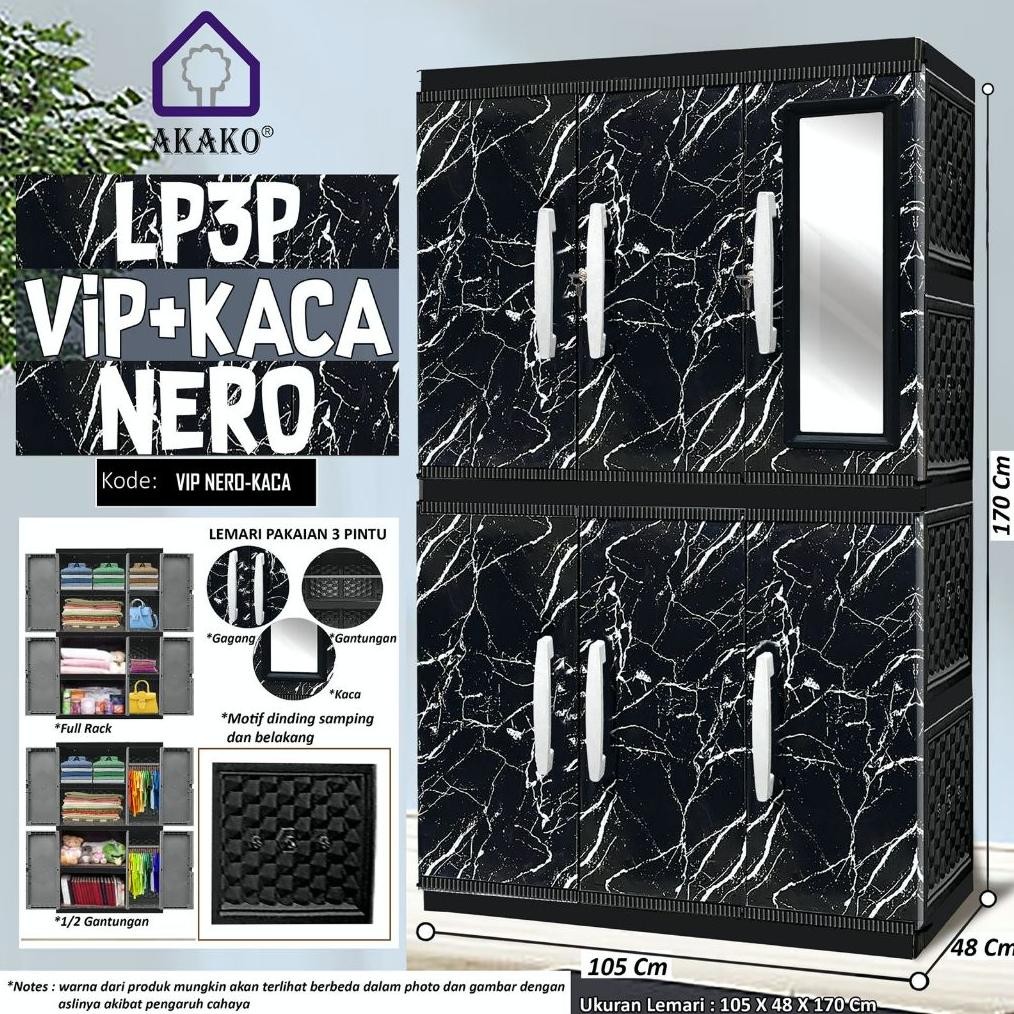 AKAKO - LEMARI PAKAIAN LEMARI PLASTIK 3 PINTU LEMARI JUMBO MOTIF VIP  - Kode : LP3P-VIP