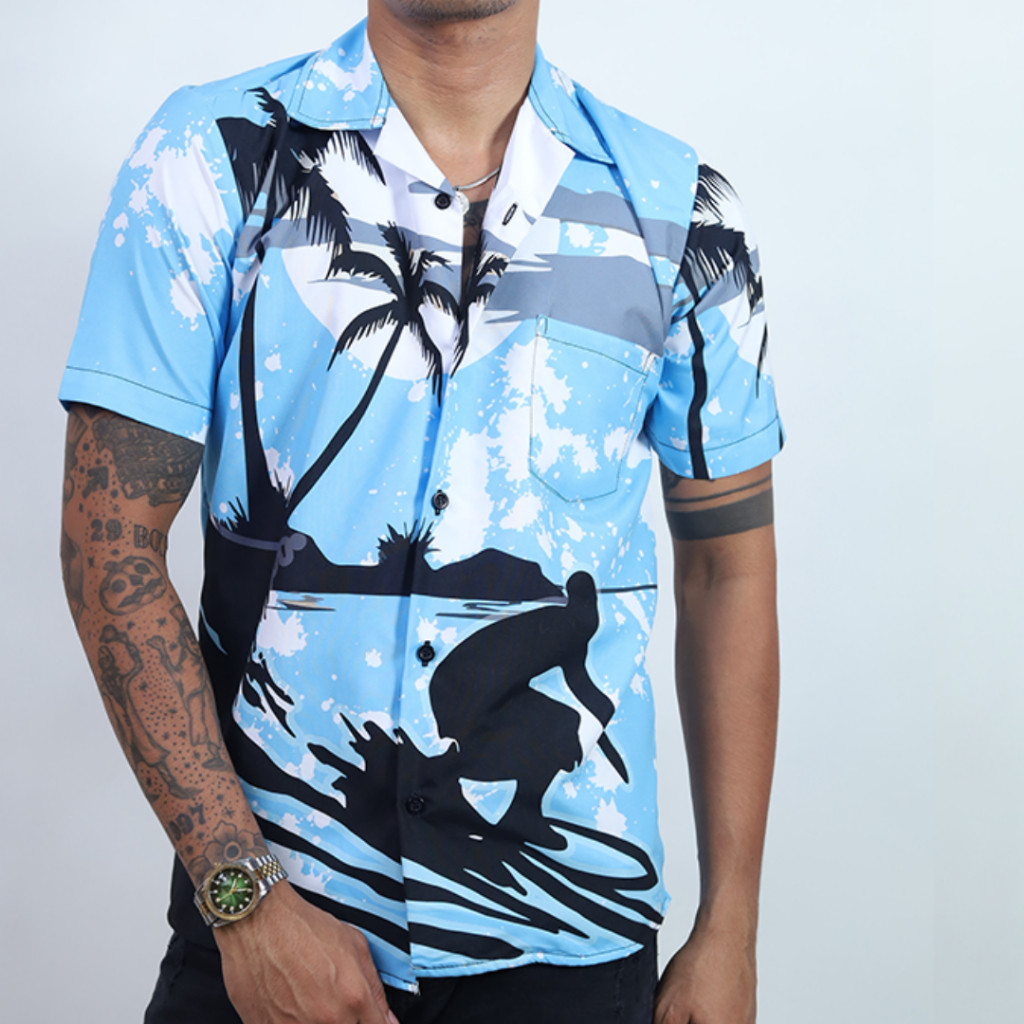 GOKS Baju Kemeja Motif Cowok Cewek Bali Pantai Surfing Hawai Dowear Kemeja Jumbo 152 SURFING BIRU