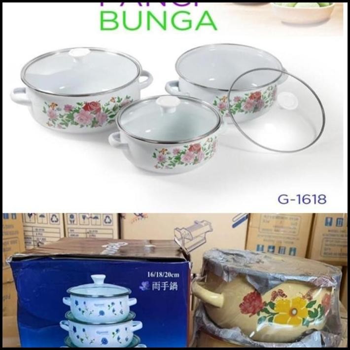 Panci Set Enamel Reoona 3Pcs Motif Bunga