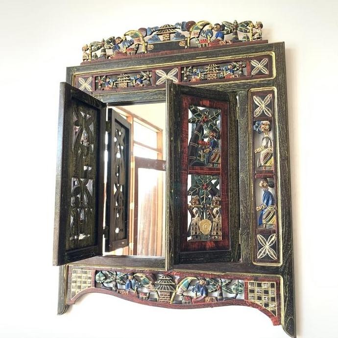 Cermin Hias Dinding Jendela Kayu Jati Motif Ukiran Bali Co