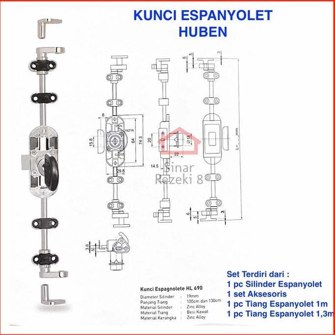 SET Kunci Lemari Espanyolet Espagnolete Espagnolette Huben HL 690