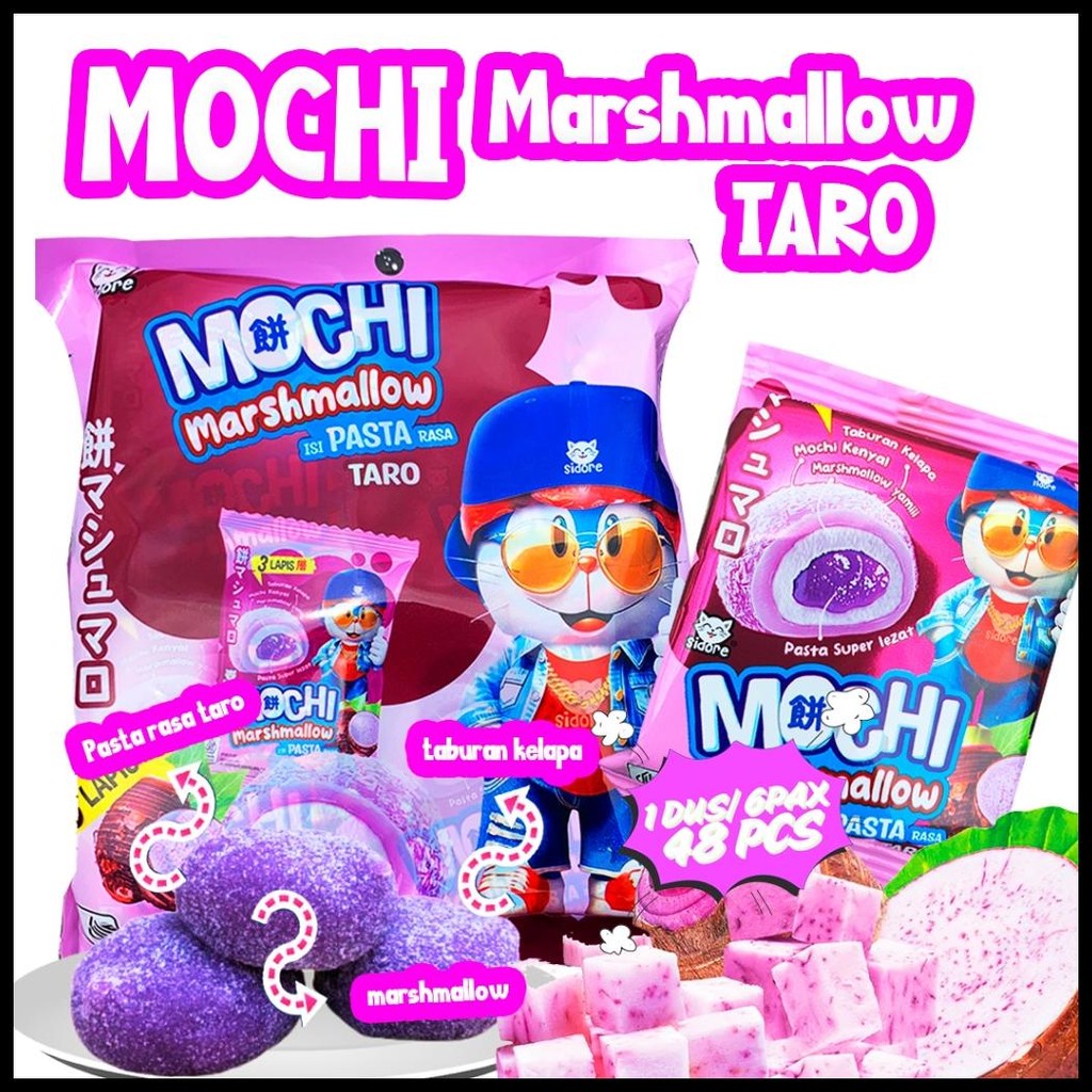 

MOCHI MARSHMELLOW SIDORE ( 24PCS DAN 48PCS) 3LAPISAN KHAS JEPANG CEMILAN ANAK SNACK MOCI KENYAK LEMBUT ENAK RASA COKLAT TARO KACANG MERAH MAKANAN VIRAL MOCHI VIRAL