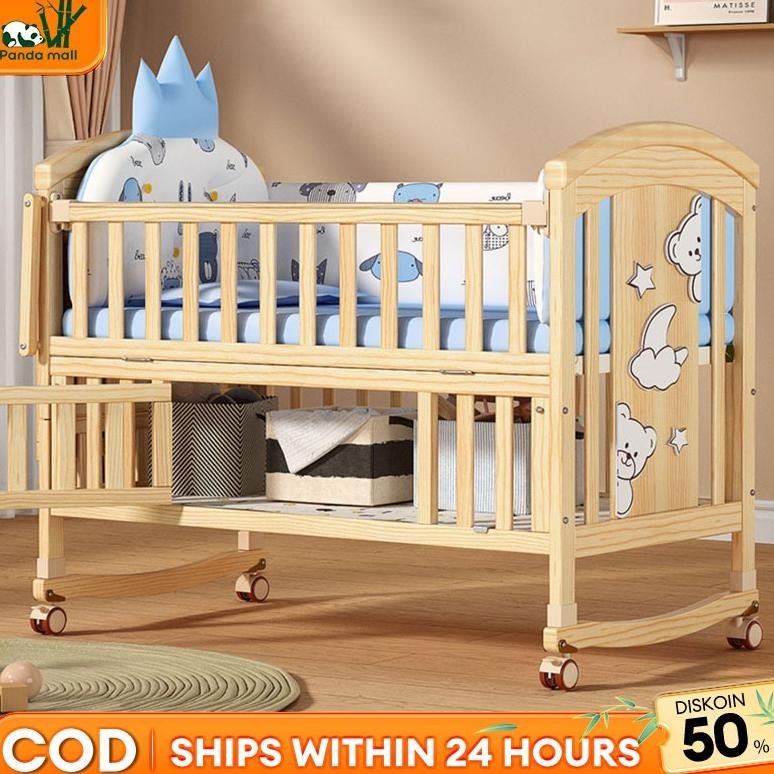 Tempat Tidur Bayi Kayu Solid Box Bayi Lipat Multifungsi Baby Crib Box TempaTidur Bayi 0-3 Tahun