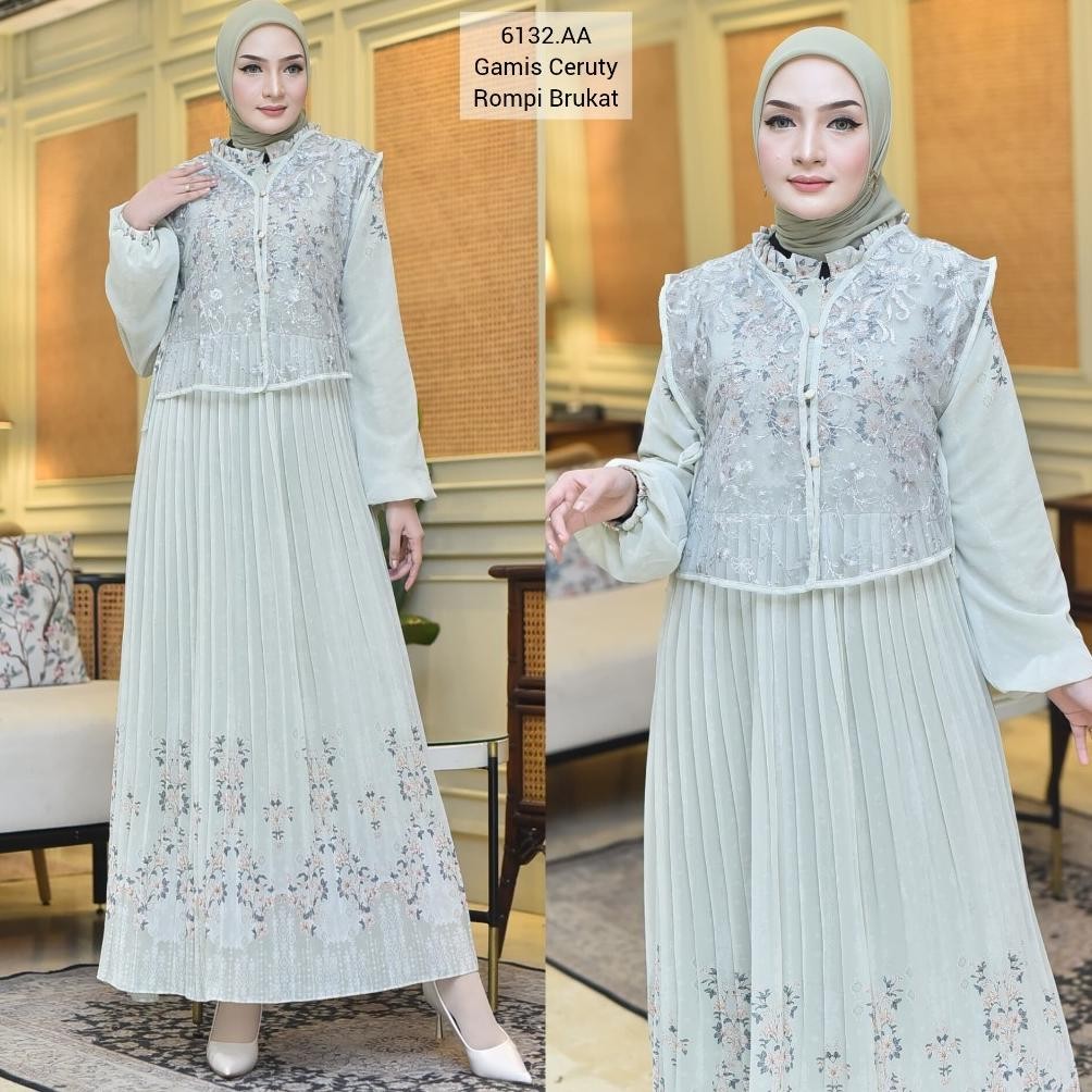 Ready Ladies - Gamis Plisket Premium Dress Rompi Brukat Plisket Gamis Terbaru Wanita Gamis Ceruty