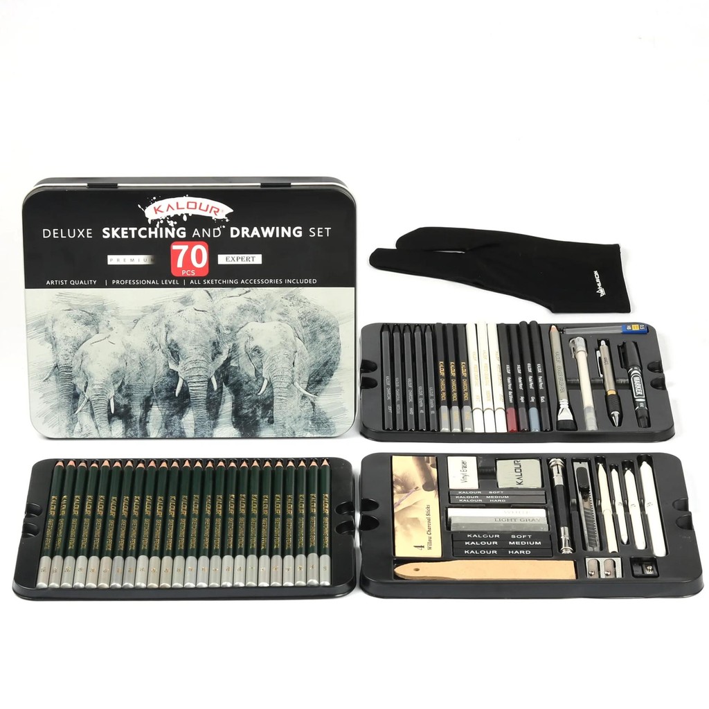 

Kalour Art Supplies 70Pcs Professional Sketching Pencil And Drawing Pencil Set In Tin Box With Various Drawing Tool For Artist