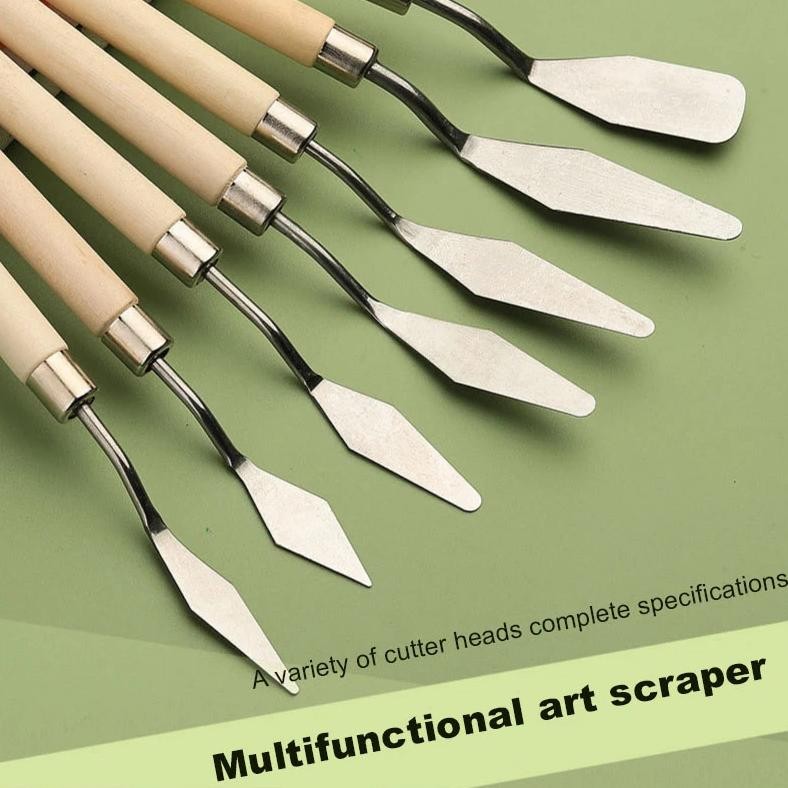 

7Pcs/Set Multifu Art Oil Painting Scraper Wooden Flat Head Stainless Steel Pick Knife Gouache Paint Pointed Color Mixing Spatula