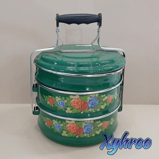 Rantang Enamel Besar isi 3 ukuran 24cm mawar hijau