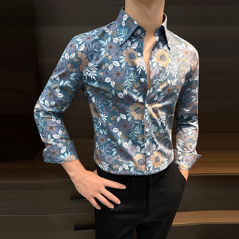 Ice Silk Slim Fit Floral Shirt for Men