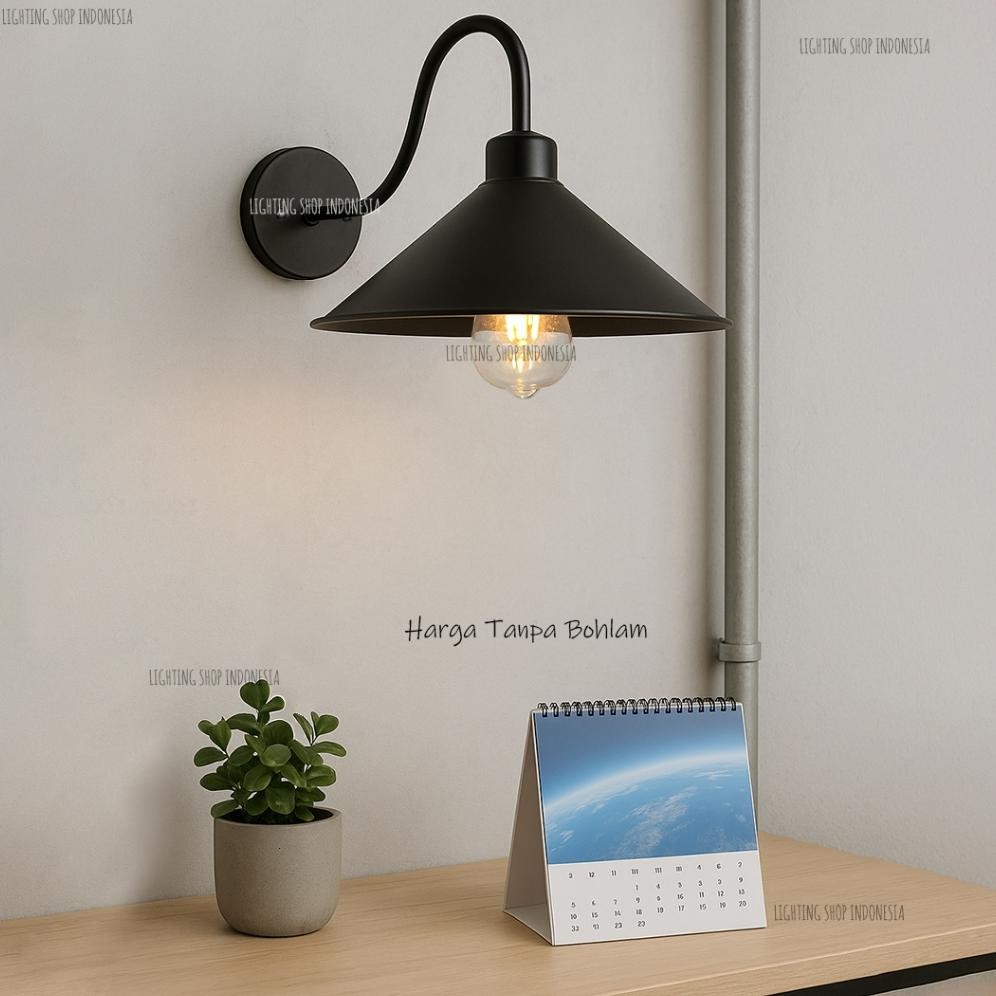 Lampu dinding kap hitam industrial cafe resto teras minimalis simple fiting e27 wall lamp light
