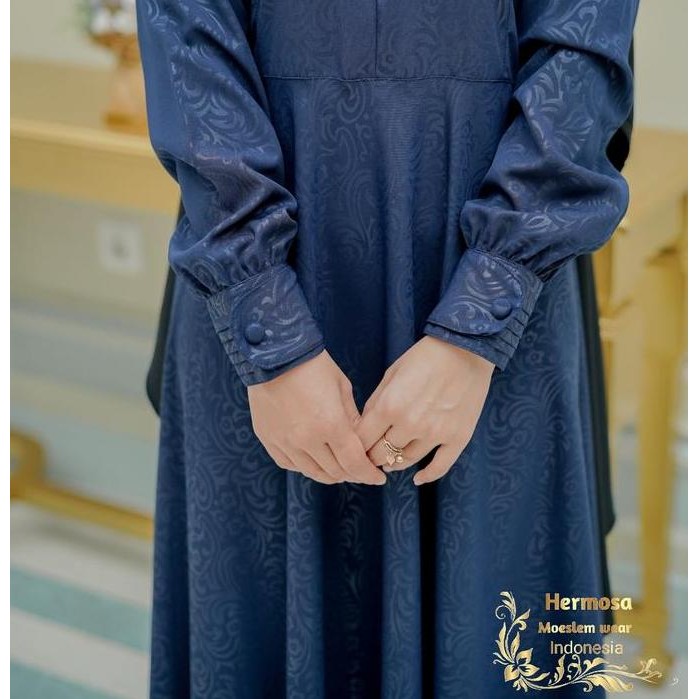 Gamis hermosa motif flower warna navy/gamis biru dongker murah