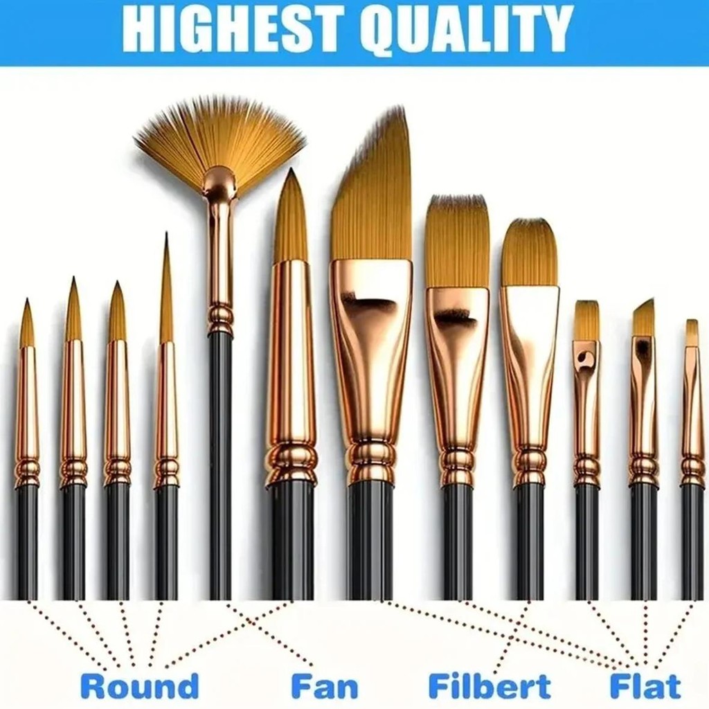 

12Piece Nylon Bristle Brush Set, Nylon Flat Brushes Watercolor Brushes Oil Paint Brushes For Artists Amateur Acrylic Painting