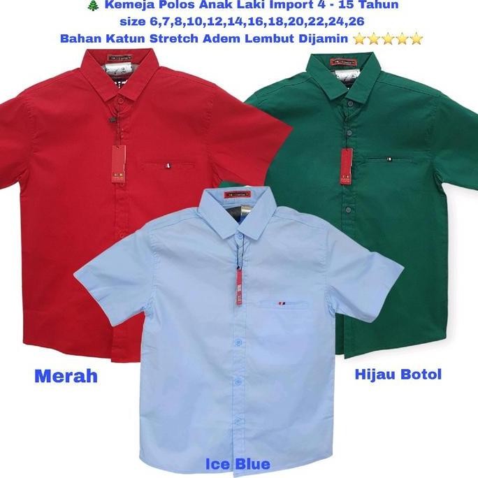 Tersedia Kemeja Polos Anak Laki Import 4-15 Tahun Hem Katun Stretch Lengan Pendek Anak Remaja /Anak 