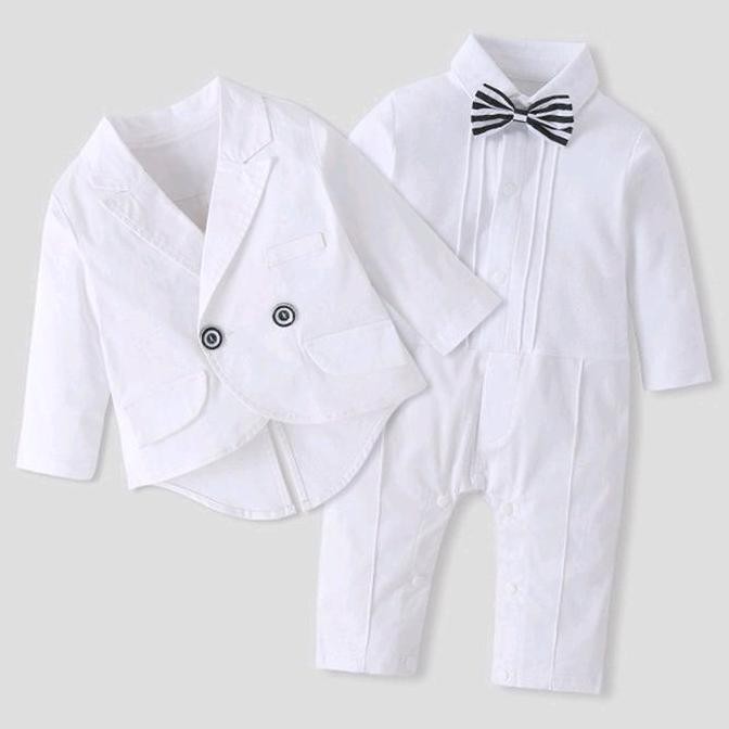 Tersedia Tuxedo Putih Baju Baptis Bayi dan Anak Romper Bayi Import Baby Katun White
