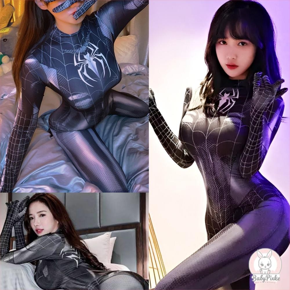 ''Terlaris" Cosplay Halloween Spiderwoman Bodysuit Wanita Kostum Spiderman Hitam Playsuits Jumpsuit 