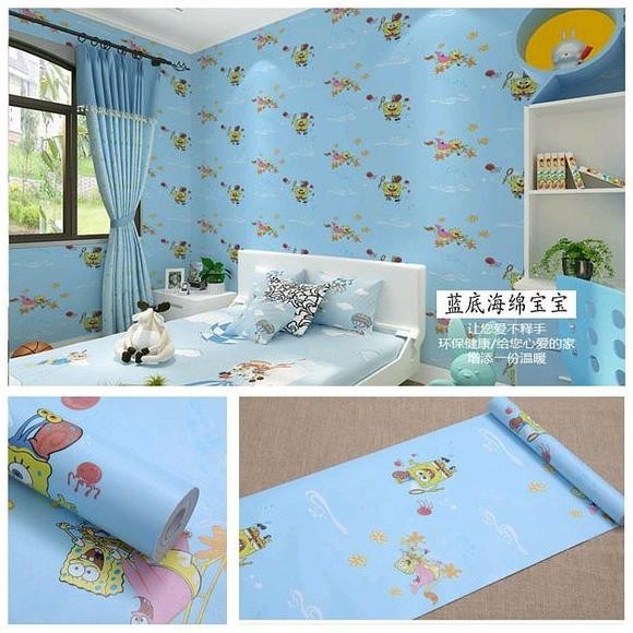 Walpaper Tembok Kamar Anak - Wallpaper Dinding Spongebob Biru 10Meter - Wallpaper Kamar Anak READY S
