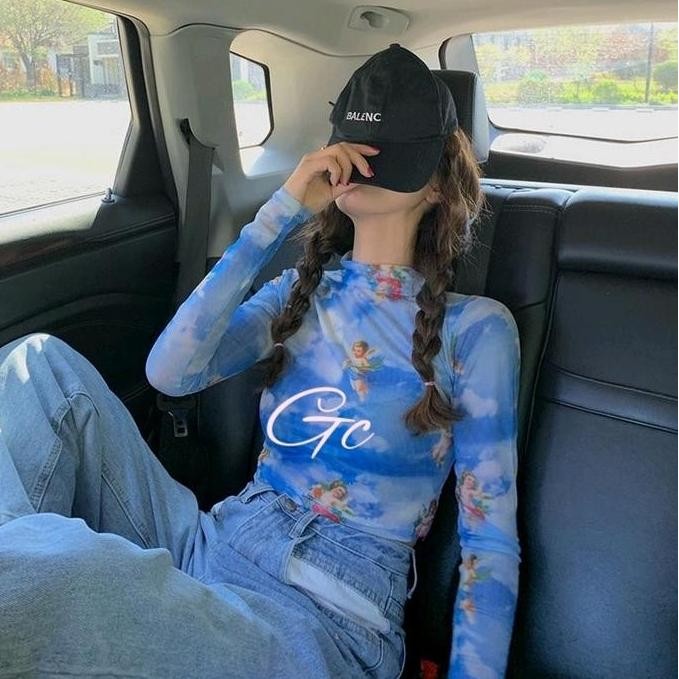 (Expert) Blue n Black Angel Transparent Crop Top Turtle Neck Long Sleeve Atasan Cupid Transparan Bir