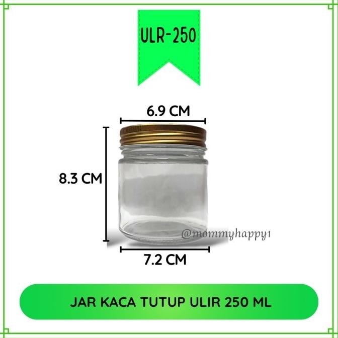 (Expert) ULR250 | Jar Kaca / Toples 250 ml Tutup Ulir Aluminium - Tutup Gold,Tanpa Bubble