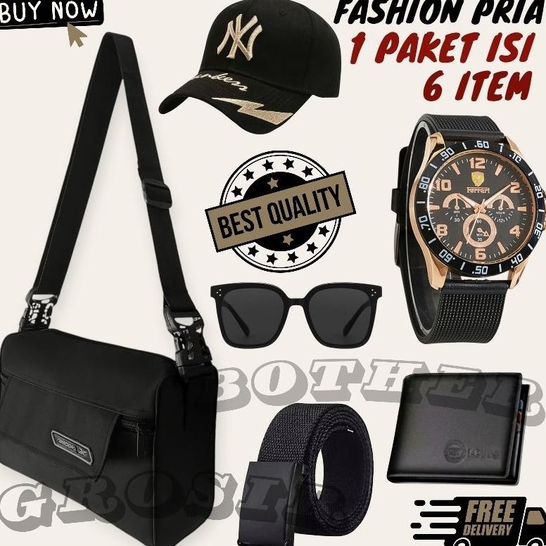 (Terbaru) Paket Fashion Pria Bundling 6in1 Jam Tangan Pria/Beli Jam Tangan Analog Pria Gratis Topi D