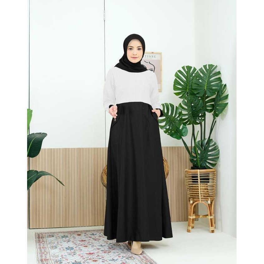 Tersedia Gamis Seragam Kerja PNS PDH Kombinasi Hitam Putih Dress Wanita Toyobo Tebal