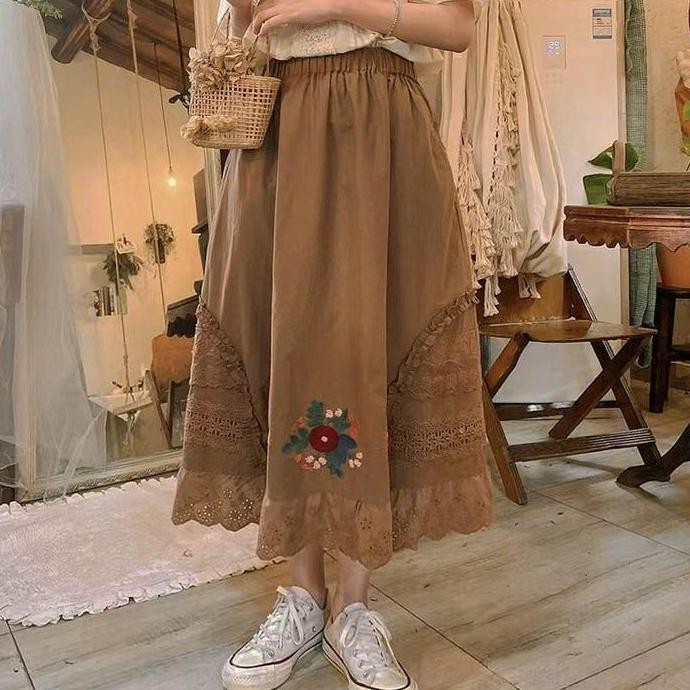 Rok Linen Coklat Bordir Bunga & Lace Korea Import Ready