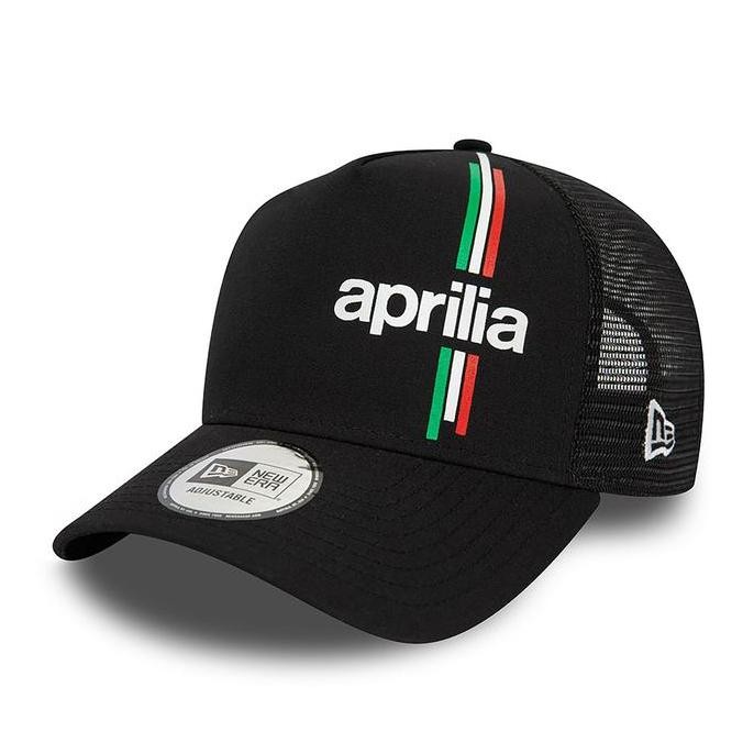 Aprilia Essential Black A-Frame Trucker Cap New Era. Topi Unisex