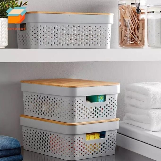 

Terlaris Storage Box Organizer Multifungsi Putih Dengan Tutup Kayu