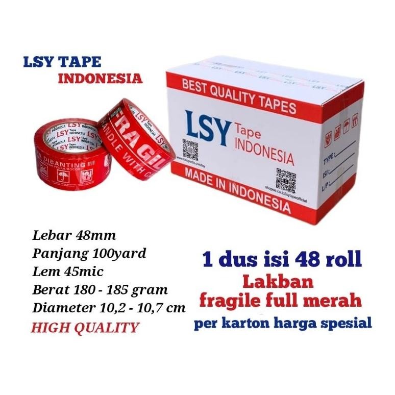 

lakban fragile full merah LSY TAPE 48mm x 100yard 1 dus isi 48 roll ( CMH ) AST