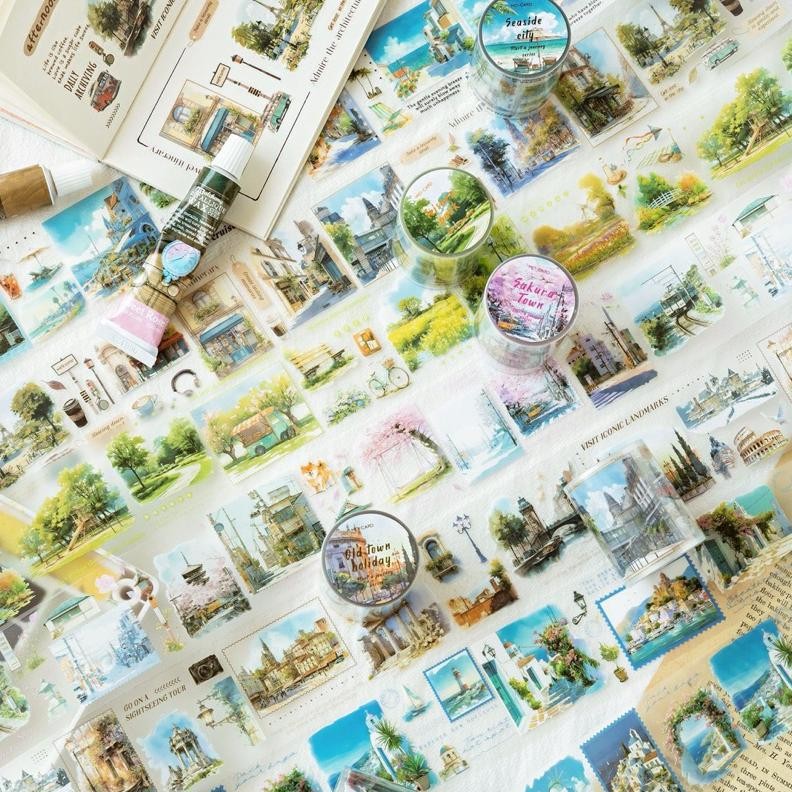 

(8BD) washi tape selotip transparan pemandangan kota kereta tram city scenery eropa europe journaling AST