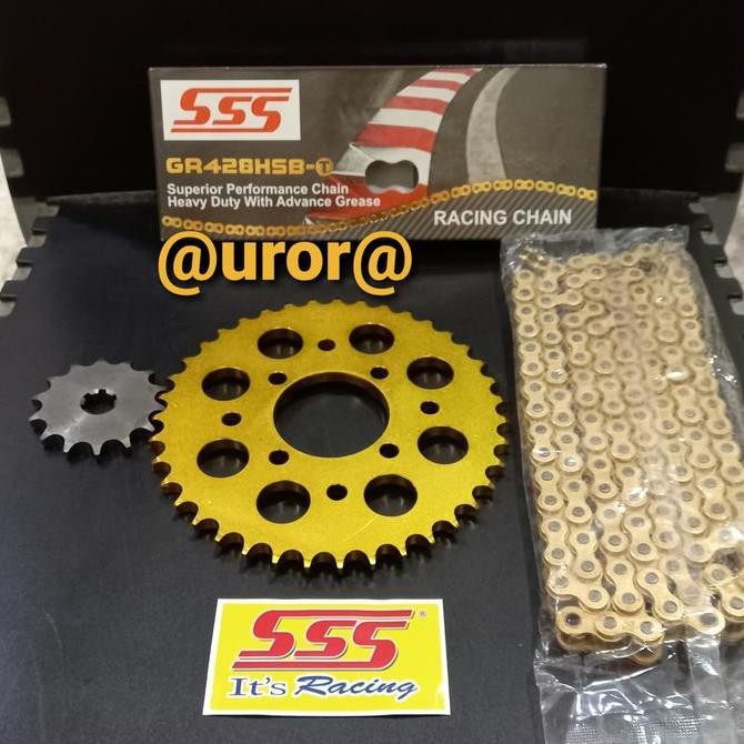 GEAR SET SSS GOLD SATRIA FU 150 SERIES & RANTAI SSS 428 HSBT GOLD