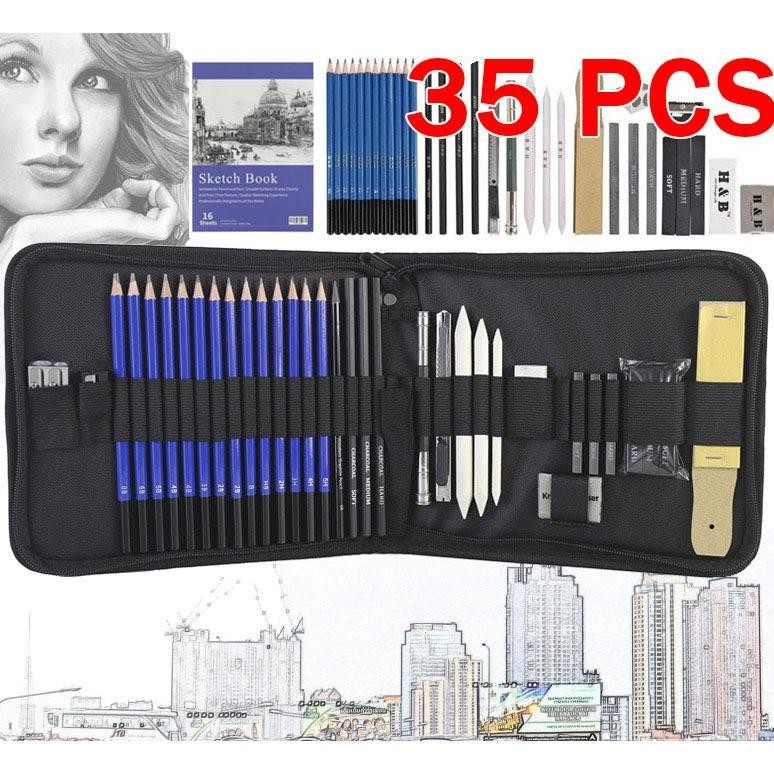 

35PCS/Set Sketch Pencil Pisau Penghapus dan Pensil Gambar untuk Keperluan Sekolah Pencil Drawing Set AST