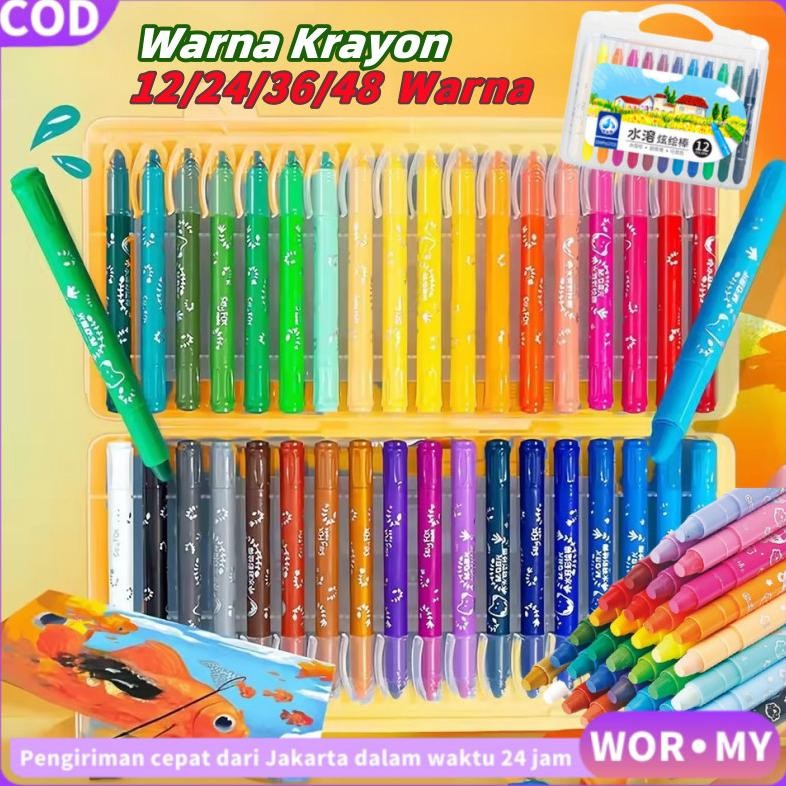 

WORMYCrayon Grasp Mata Sedang 12/36/48 Warna Krayon Lembut Water Soluble Crayon AST