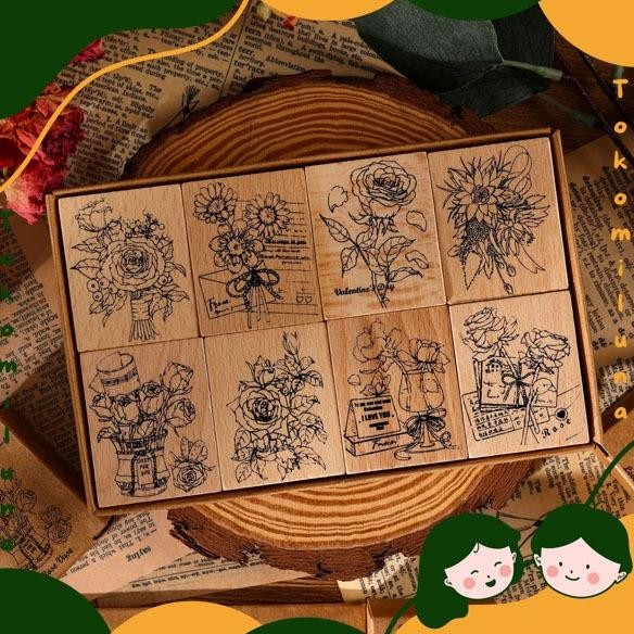 

1 set isi 8 pcs book of roses wood stamp aesthetic stempel bentuk bunga retro vintage HB1547 AST
