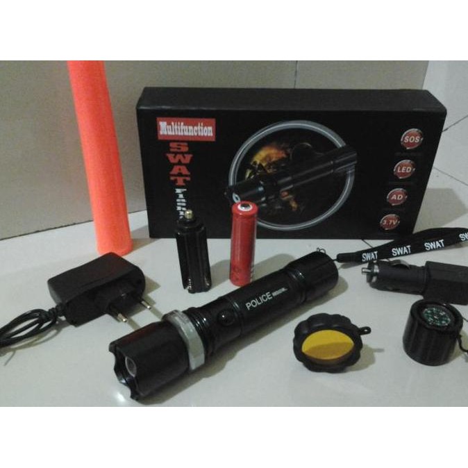 JUAL SWAT Flashlight / Senter Police Led ( + Batre Cas + Corong Lampu Lintas + Charger Kit + Sarung 