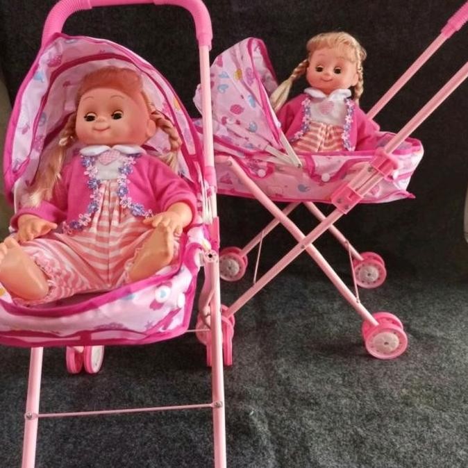 Mainan Stroller Boneka Bayi Girl Rangka Besi Boneka Bersuara Dolls