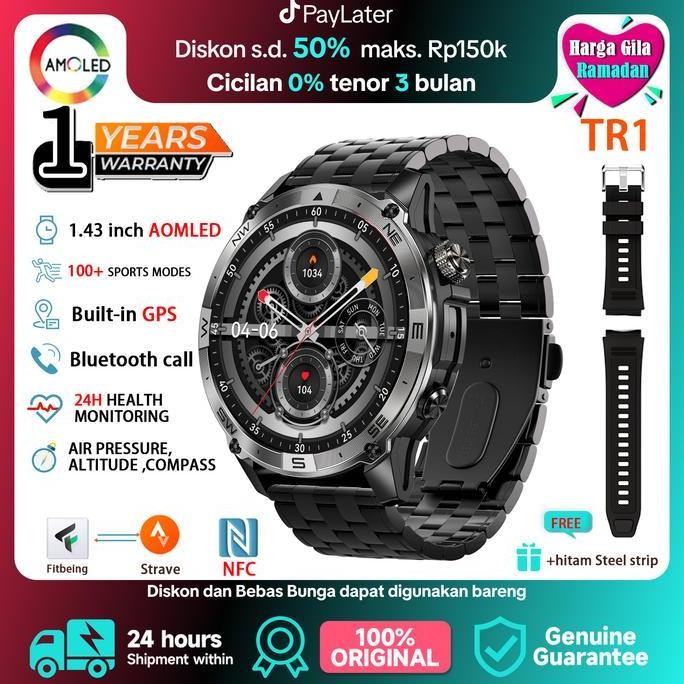 Timever Tr1|  Built-In Gps | Layar Aod Smartwatch | Jam Tangan Pintar | Tahan Air 3Atm | Nfc Watch |