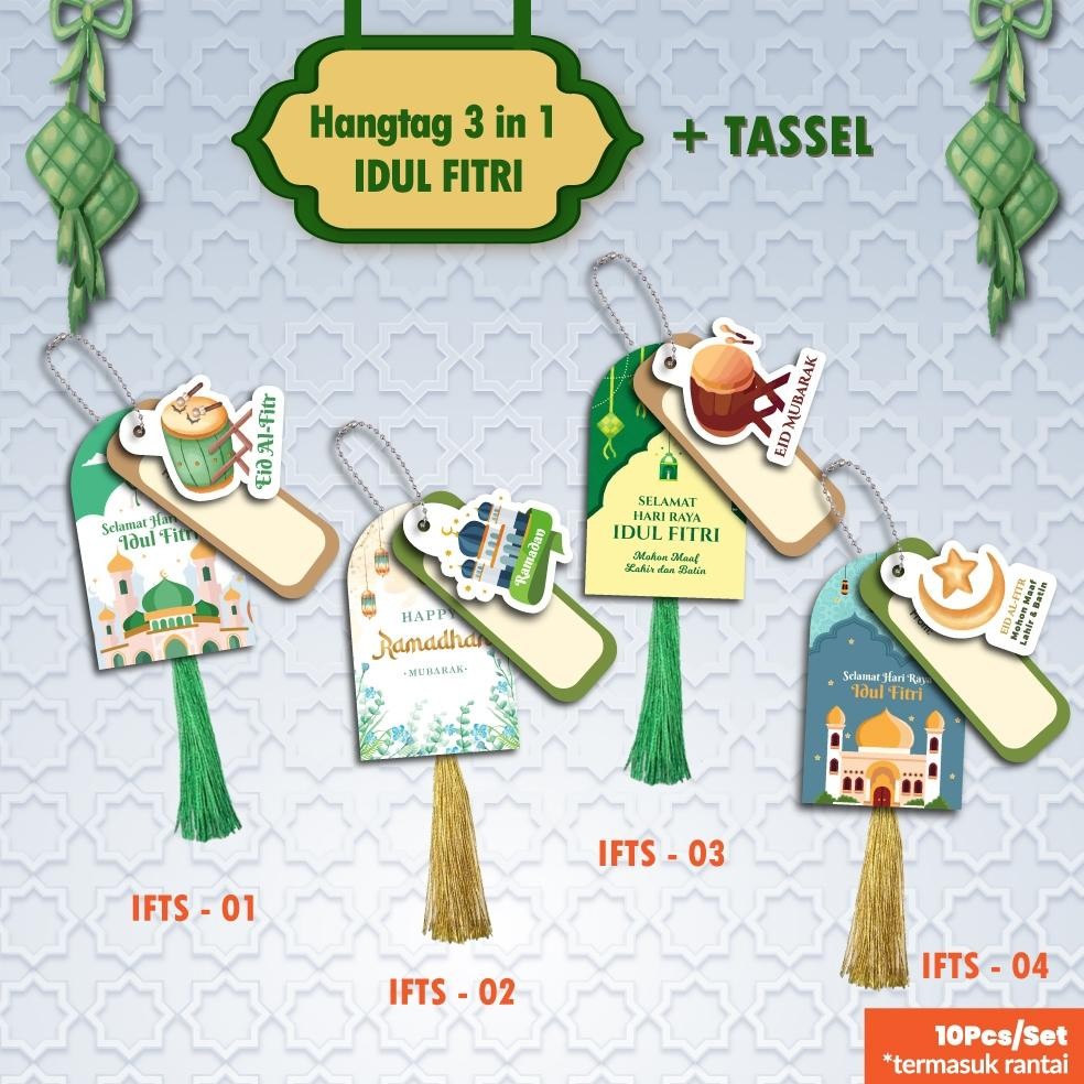 

[10 pcs set + Rantai + Tassel] Hang Tag Premium 3 in 1 Edisi Idul Fitri untuk Hampers Parcel Kue Lebaran AST