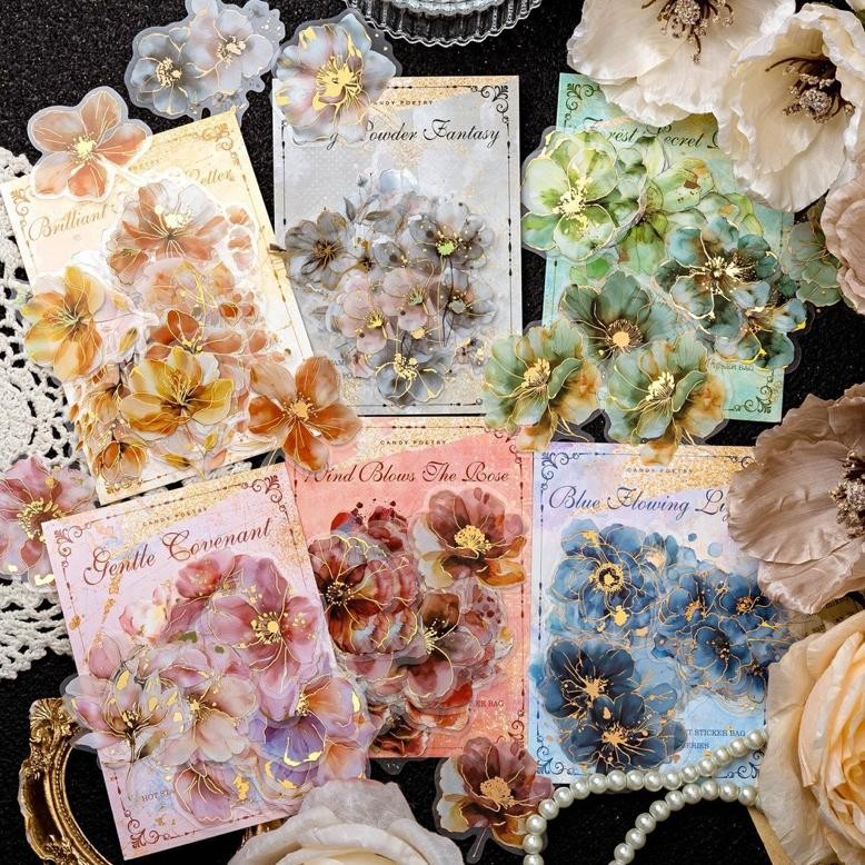 

(3EC) sticker transparan gold foil motif bunga warna warni colorful flower dekor deco journaling AST
