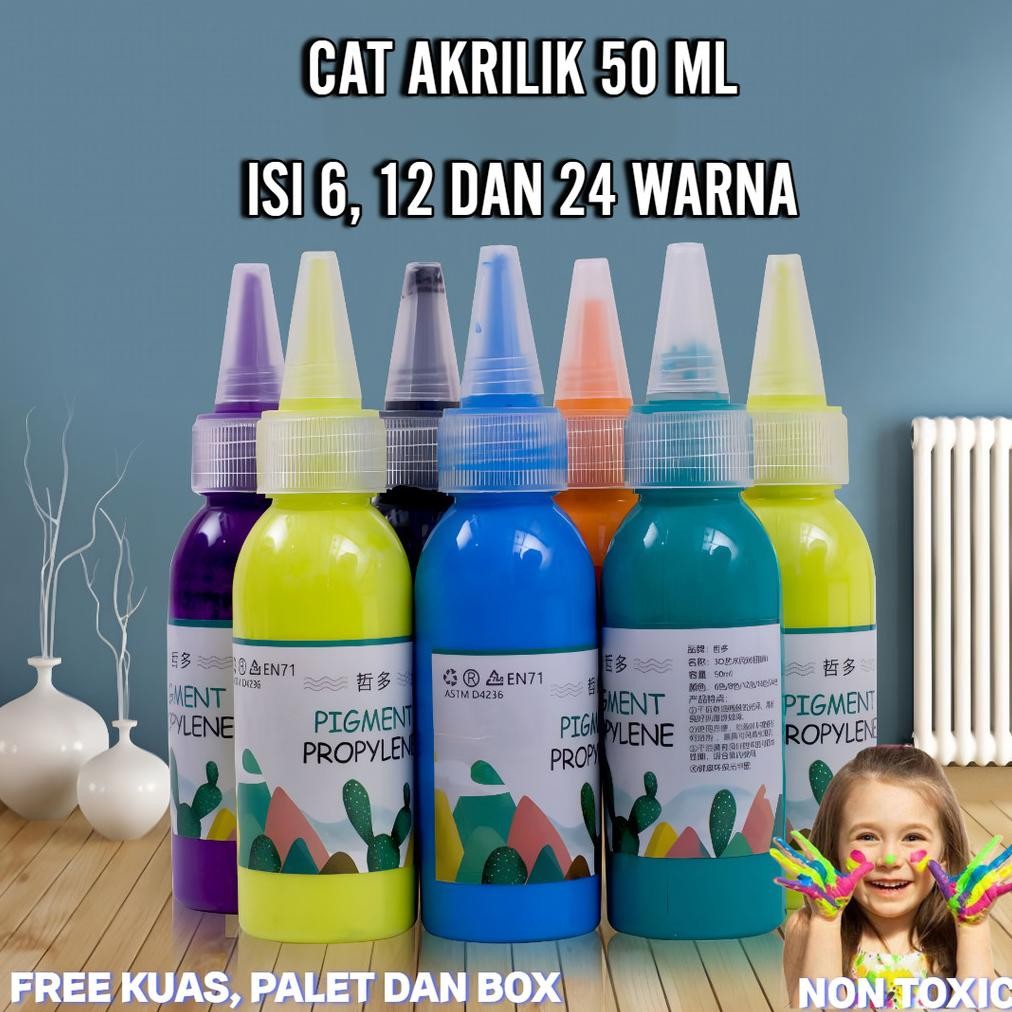 

CAT AKRILIK MELUKIS UKURAN 50 ML ISI 6, 12 DAN 24 WARNA DAPAT DIGUNAKAN UNTUK CAT TELAPAK TANGAN AST